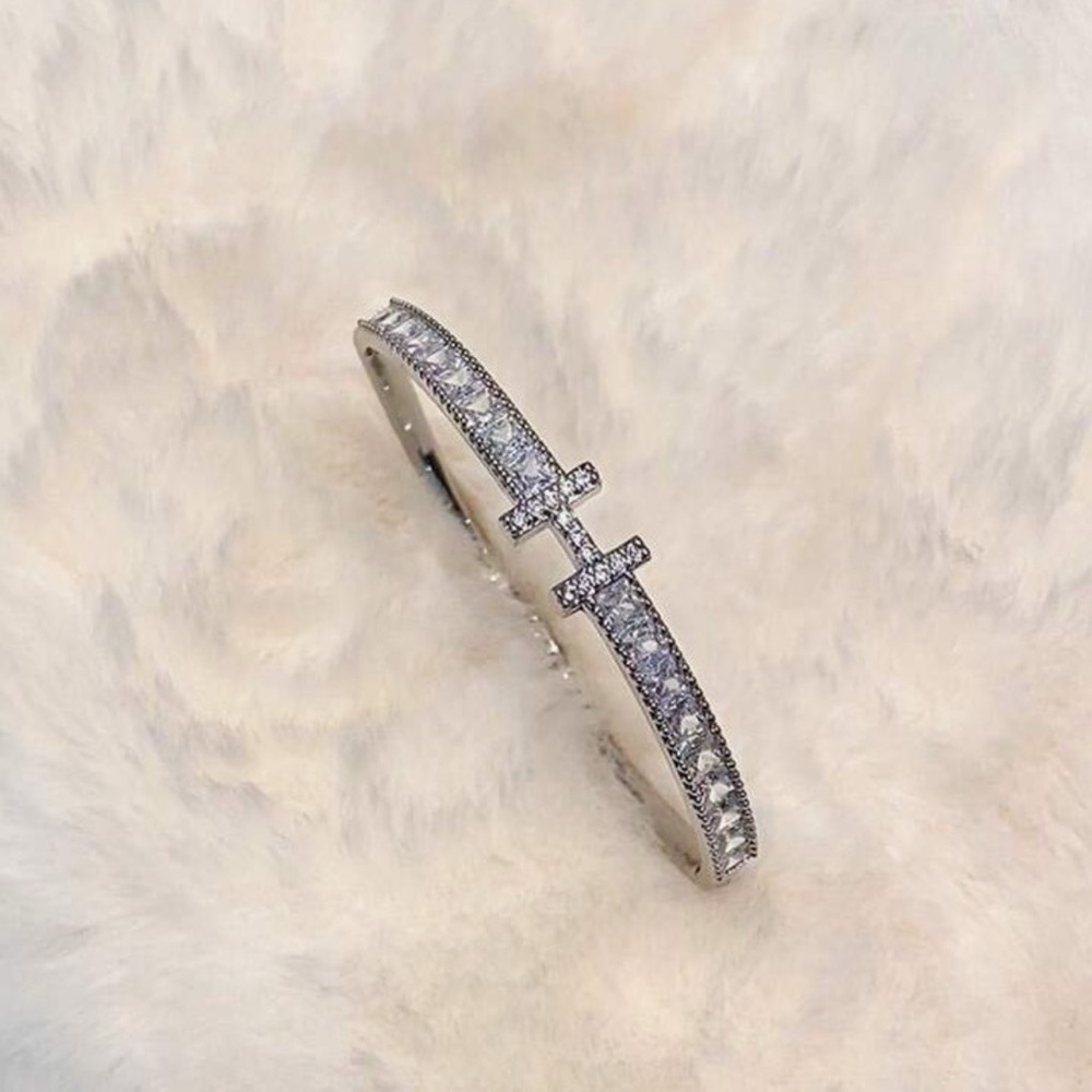 Silver Plated Stainless Steel CZ Bangle Bracelet | Sparkling Statement Jewelry H - Picture 2 of 5
